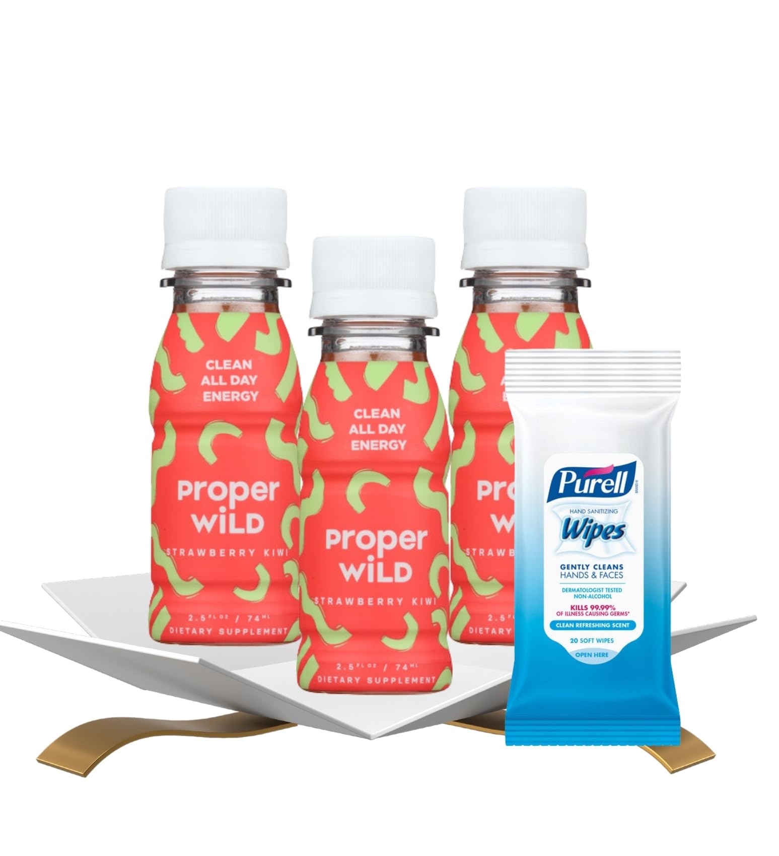 3x Proper Wild Shot Energy Strawberry Kiwi 2.5 FO Bundle with Hand Sanitizing Wipes – Clean Energy Shots with GreenTea Caffeine & L-Theanine for Focus and Endurance — Gift Set (4 Items)