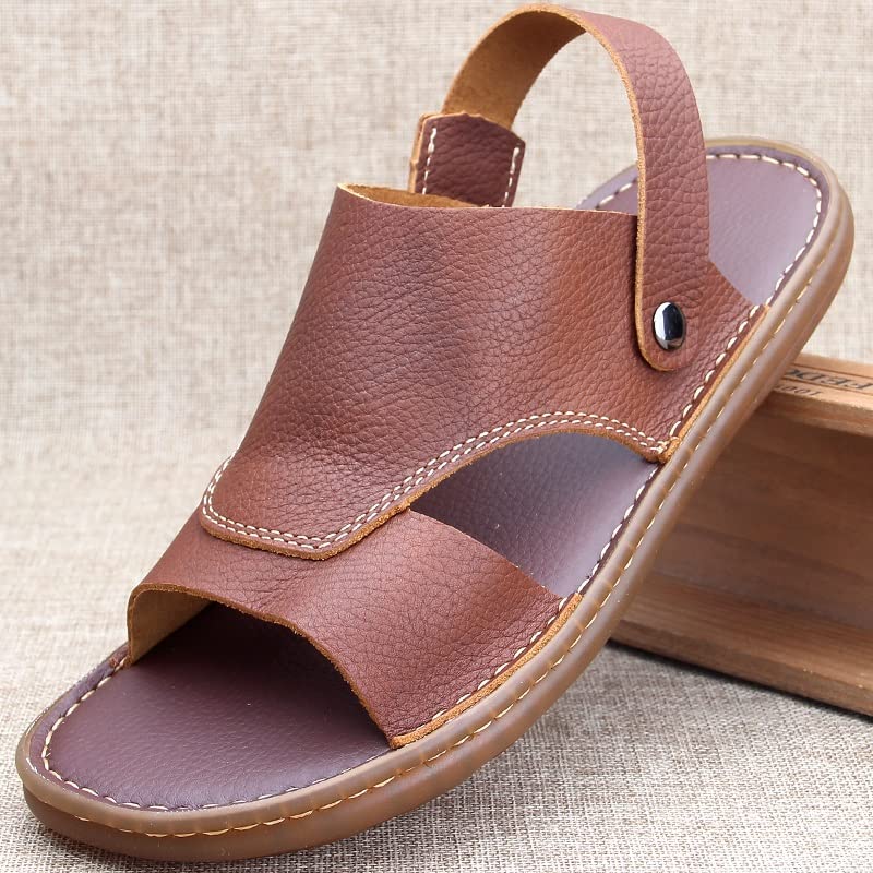 Men Sandals Classic Comfortable Man Shoes Beach Slippers Wear-Resistant Male Cow Leather Casual Shoes(D,41 Code)4