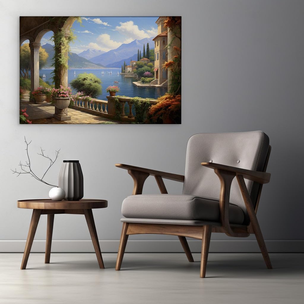 Canvas for Living room. Serene Lakeside Haven: Blossoms and Boats Amidst Mountain Splendor, 27 x 18 inch Canvas Wall Art - Contemporary Masterpieces - Modern Home Decor - 69x46 cm (27x18 inch)