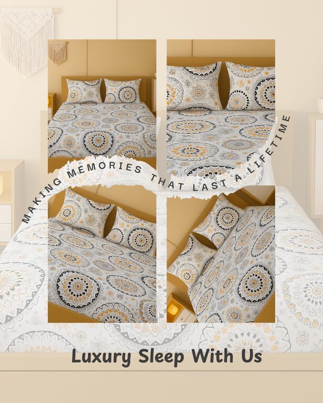 Image of NEW LEAF 320 TC Cotton All Around Elastic Fitted Printed Bedsheets King Size, Premium Fitted Bedsheets King Size for Double Bed with 2 Pillow Covers, Size- 78 inch x 72 inch White Black