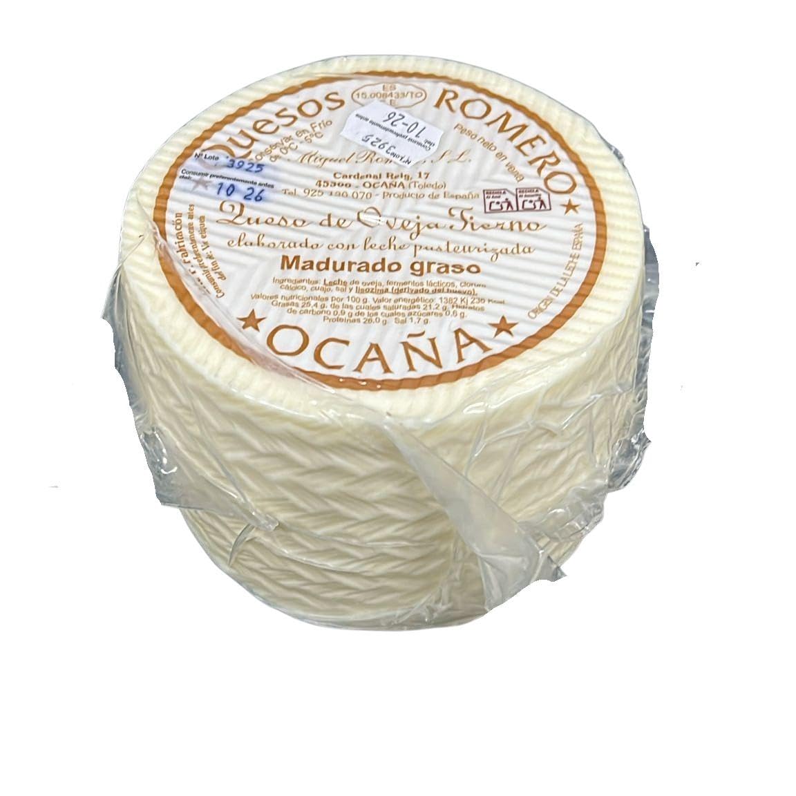 Queso Tierno de Oveja 100% Romero Ocaña (Pieza 1kg) | Madurado Graso | Elaborado en Toledo con Leche Pasteurizada | Textura Mantecosa, Elástica y Fundente | Origen España