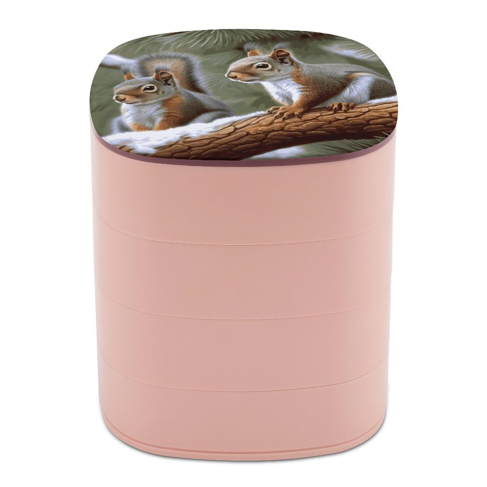 VstaDank Little Squirrel Jewelry Box 360° Rotatable Jewelry Organizer 4 Layers Jewelry Case with Lid Fashion Portable Earring Holder for Bracelets Rings Bracelets Vanity