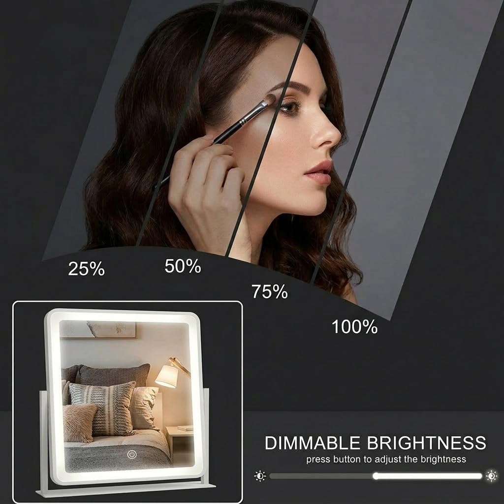 Vanity Mirror with Lights, 12"×14" Makeup Mirror with Lights, LED Makeup Mirror, Smart Touch with 3 Color Lighting Modes, Brightness Adjustable, for Bedroom Tabletop - White