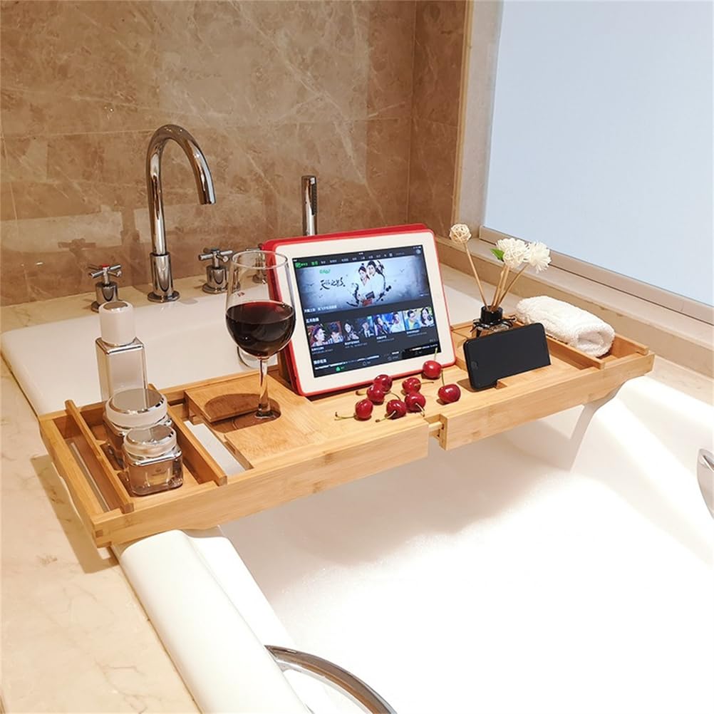 Bandeja extensible de bambú para bañera, organizador de estante ajustable con soporte para jabón, toalla y libro para bañera de lujo