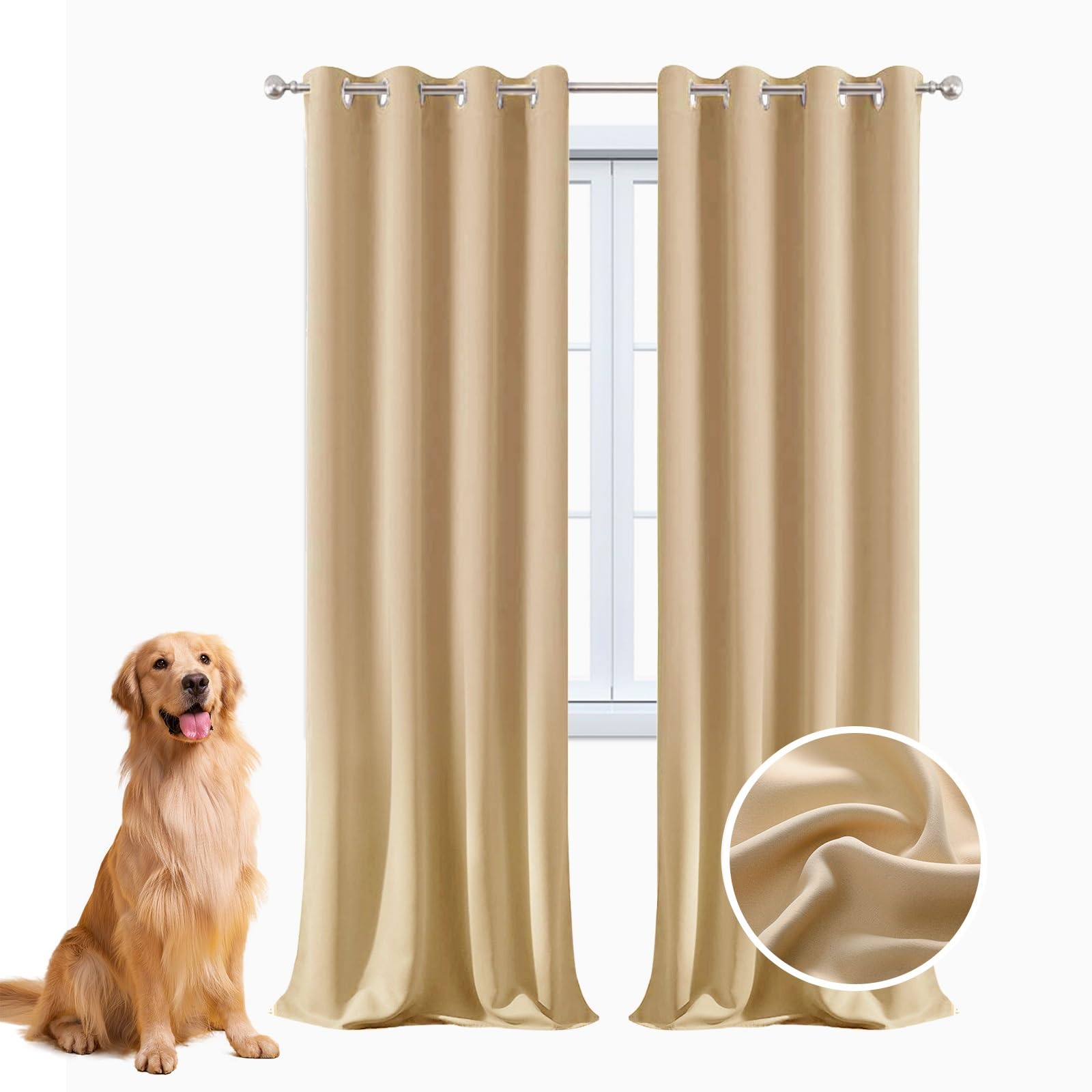 Verdunklungsvorhänge 2Er Set 195 x 90 cm Pflegeleicht Thermo Blickdicht, Solide Farbe Blackout Vorhang mit Ösen, mit Raffhalter für Wohnzimmer Kinderzimmer, Beige
