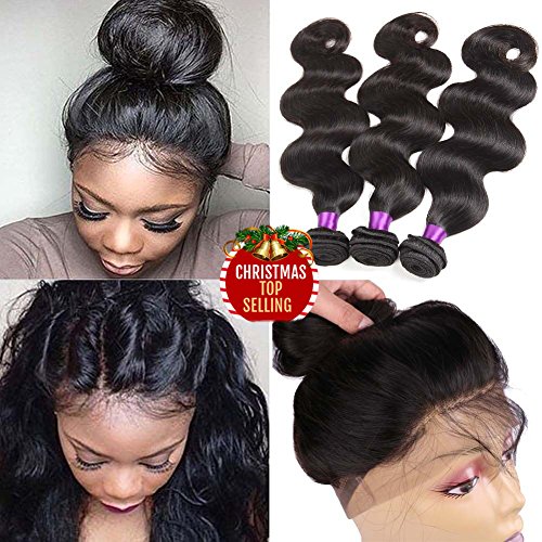 Indian Virgin Hair Body Wave 360 Lace Frontal Closure with Bundles Raw Indian Hair Body Wave with 360 Frontal Pre Plucked 360 Frontal with Bundles (22 24 26+20 360frontal, Natural Color)