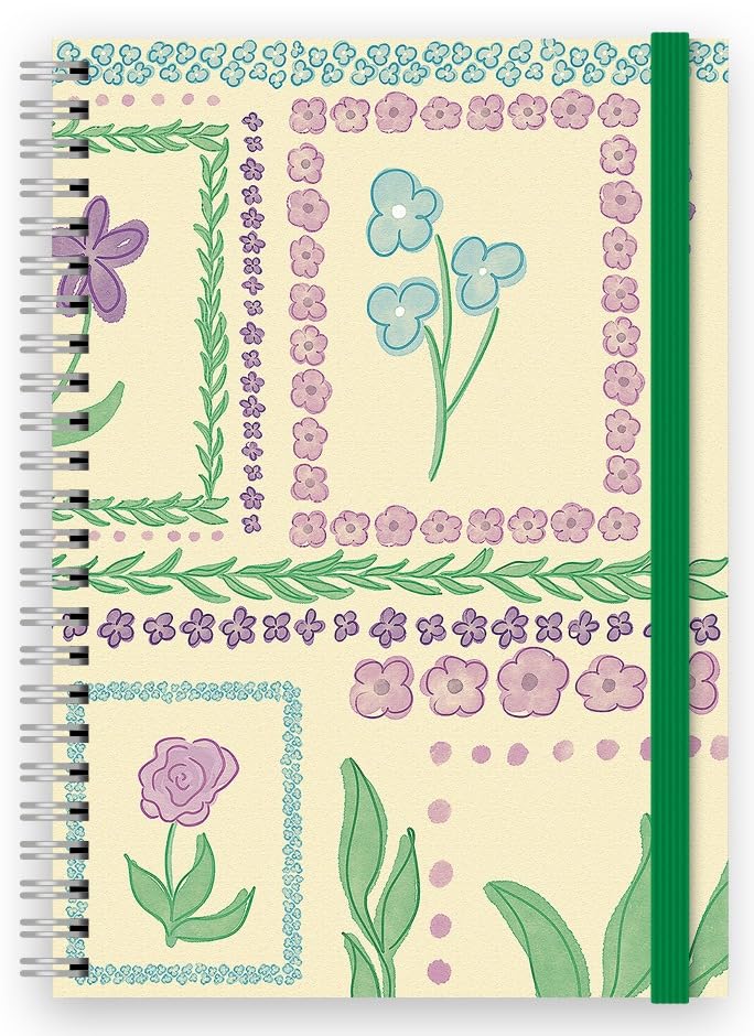 Cauliflower Journals A5 Spiral Bound Journal Notebook- Vintage Patchwork Plants Themed Cover Design, 120 Ruled Pages, Double Pocket Page & Elastic Page Divider Vintage