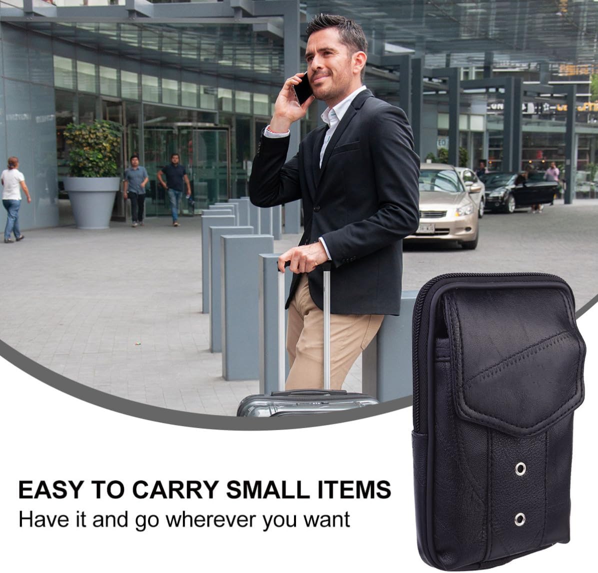 SEWACC Leather Coin Purse for Men with Zipper Design and Multiple Compartments, 6.3 Inch Vertical Waist Wallet Pouch Holds Sunglasses and Lighter, Sleek Black Leather Change Purse