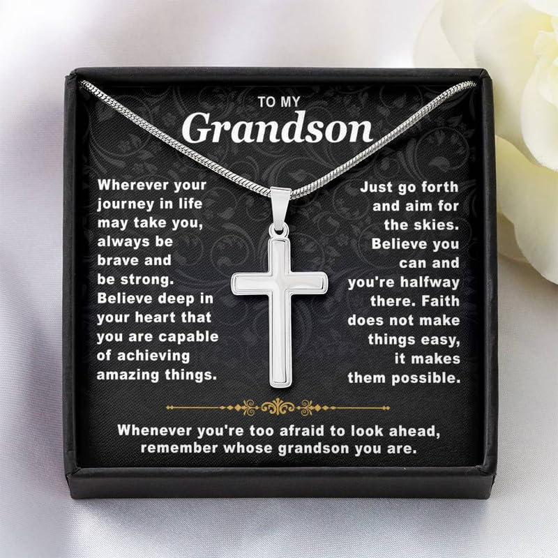 To My Grandson Cross Necklace Birthday Gifts From Grandma Present For Grandson From Grandmother To My Grandsons Necklace From Grandparents with Message Card and Gift Box2