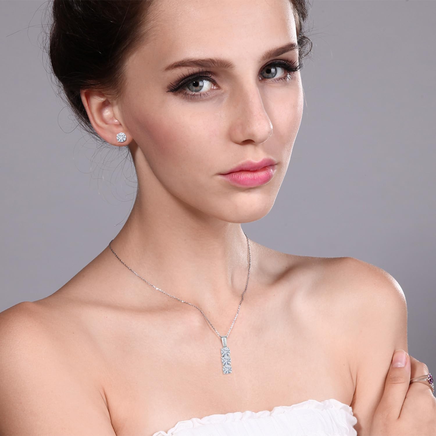 Gem Stone King 3-Stone Pendant and Earrings Jewelry Set For Women | 925 Sterling Silver | Round 5MM Gemstone Birthstone and White Diamonds | With 18 Inch Chain