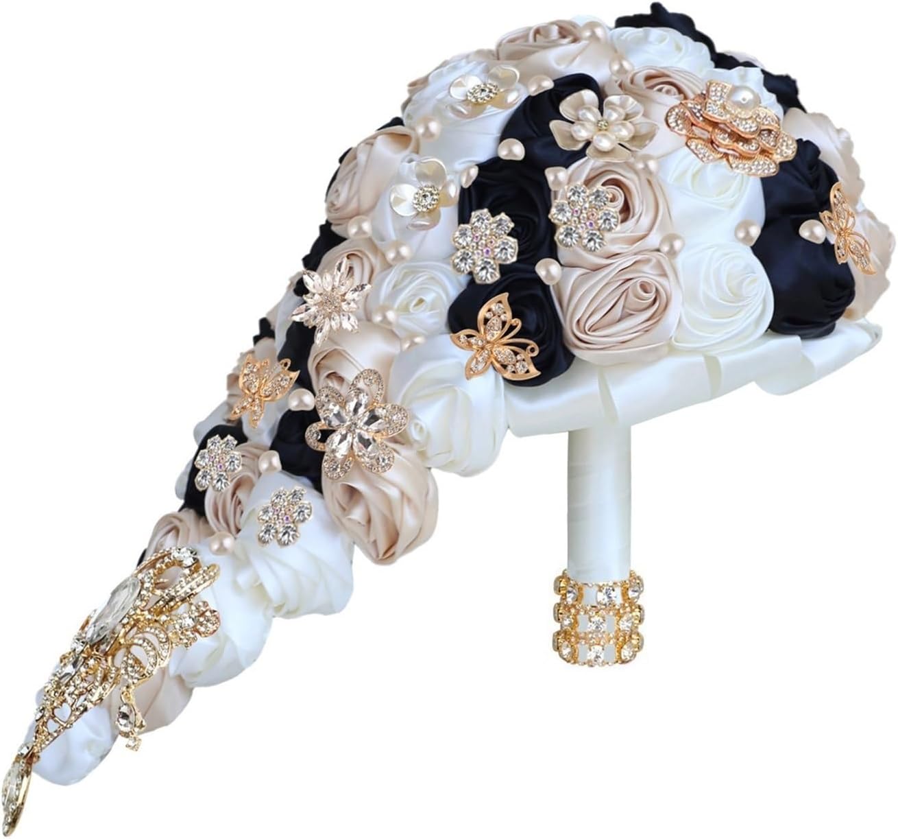 Handmade Satin Rose Drop Bridal Bouquet Luxury Cascading Bride Wedding Throw Bouquet Jewelry Proposal Bridesmaid Bouquet Groom Corsage Bride Wrist Flower Ivory White(Milk Camel Yellow Black)