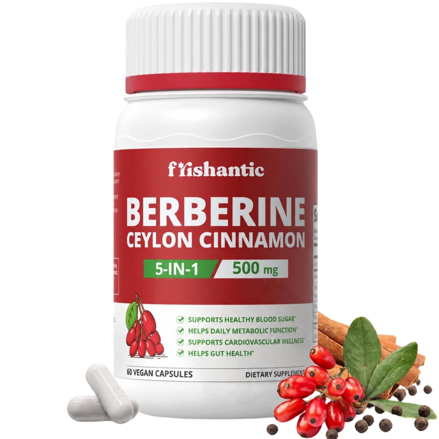 Berberine HCL 500mg with Ceylon Cinnamon, 5-in-1 Complex, 60 Ct