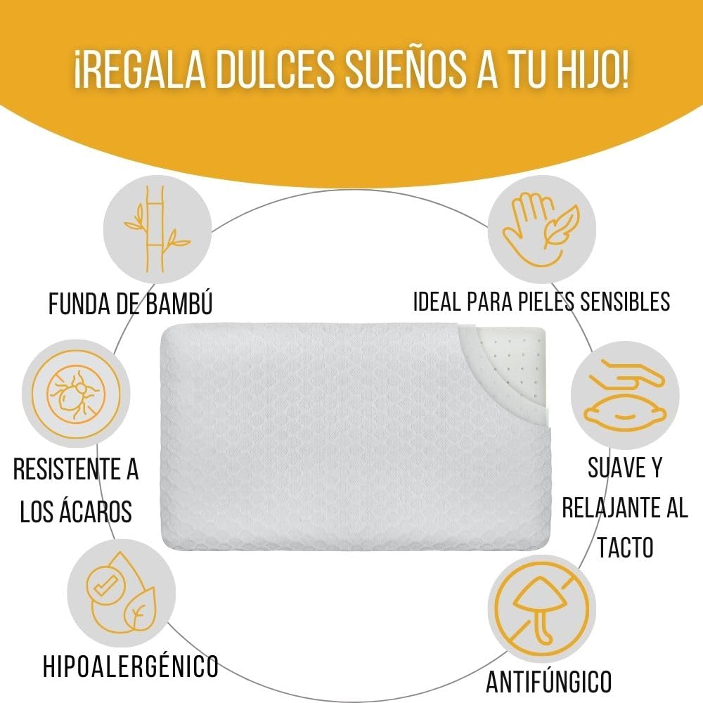 Inphysio® Almohada para Niños de 2 años, Cojín para Niños, Almohada Plana, Almohada de Espuma con Memoria, Almohada Ergonómica Cervical, Cojín para Bebés, Hipoalergénica, 50 x 30 x 5,5 cm