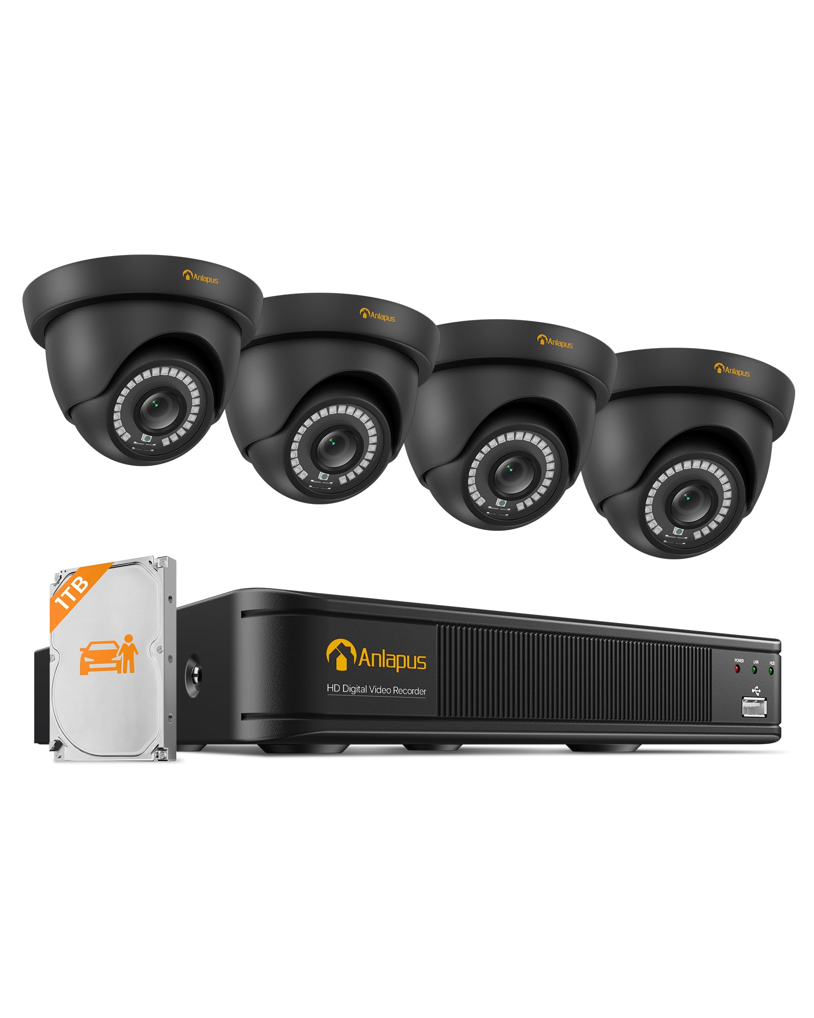 Anlapus 1080P Video Überwachungskamera Set mit Kabel, 8CH DVR Recorder mit 1TB Festplatte, 4X 2MP Außen Dome Kamera, Personen- und Fahrzeugerkennung