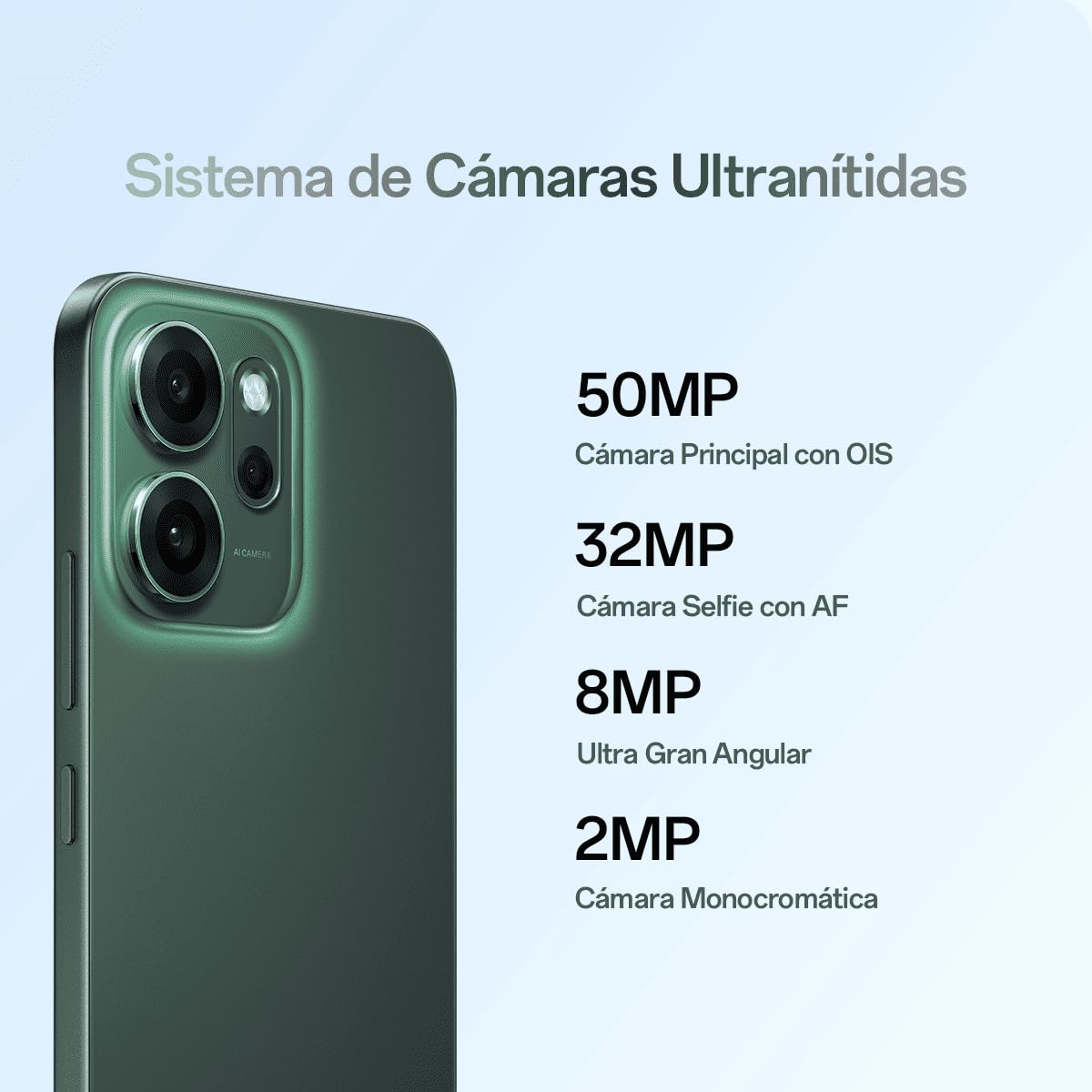 OPPO Reno14 5G – Smartphone Libre con IA, 8GB RAM + 256GB, Cámara Triple 50MP, Batería 6000mAh, Carga Rápida 45W, Pantalla AMOLED 120Hz, IP69, Dual SIM, Android, Versión Española - Luminous Green
