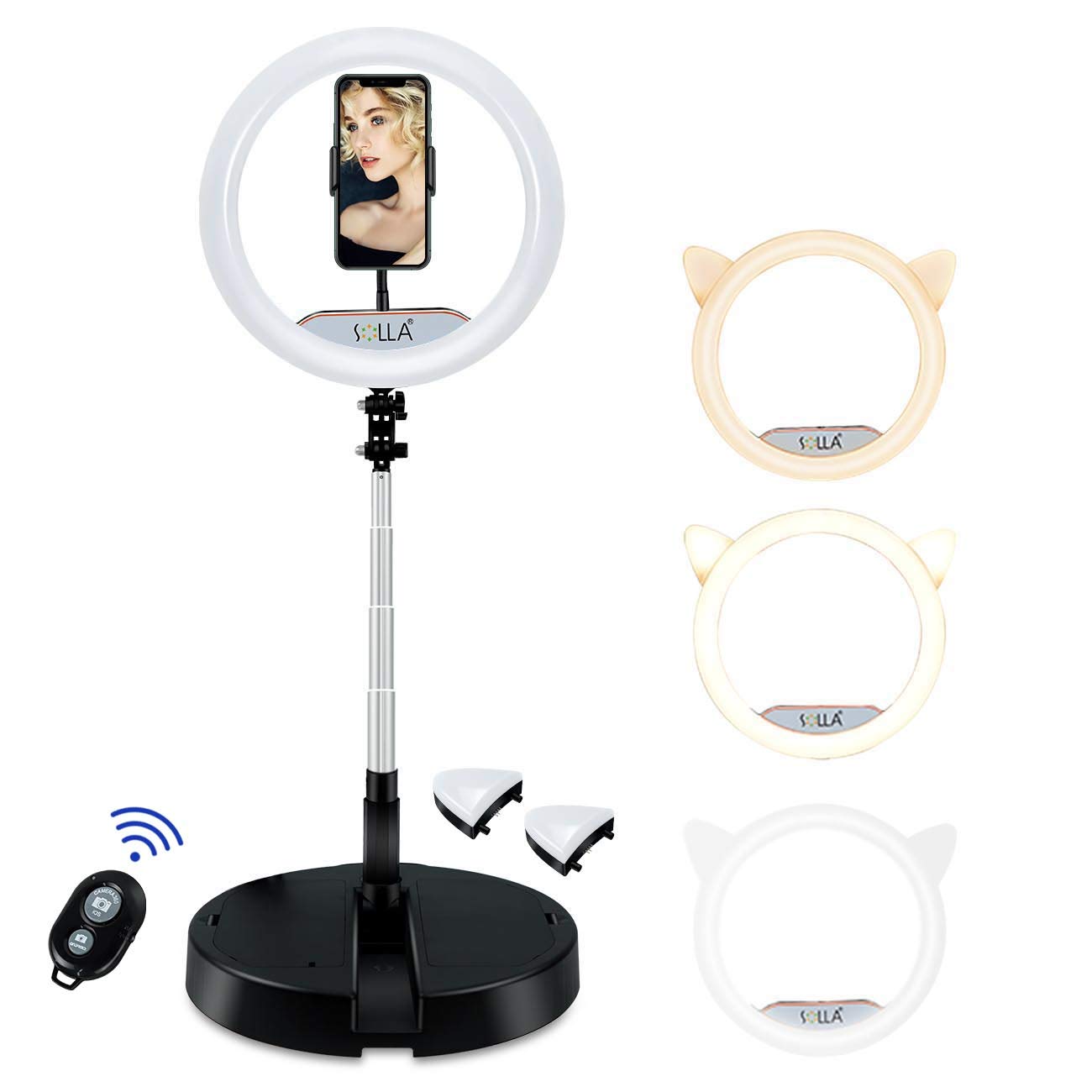 12'' Portable Selfie Ring Light with Detachable Cat Ears Stretchable Foldable Fill Light for Live Stream/Makeup, Dimmable LED Ring Light for YouTube and TikTok with 10 Brightness Level & 3 Light Modes