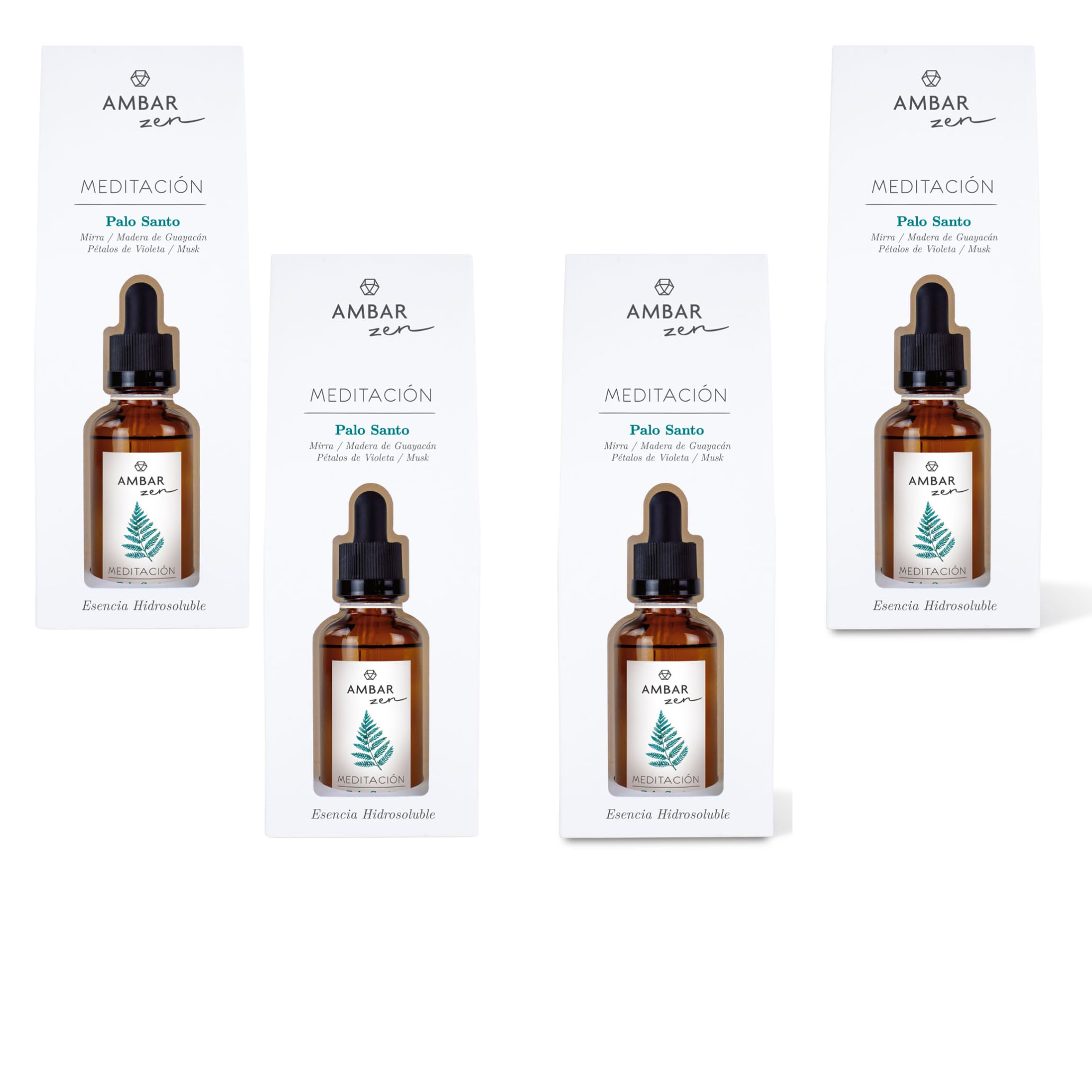 Pack de 4 Esencia para Humidificador Palo Santo - Ámbar Zen 50ml | Aroma Relajante, Hidrosoluble, Ideal para Aromaterapia y Meditación