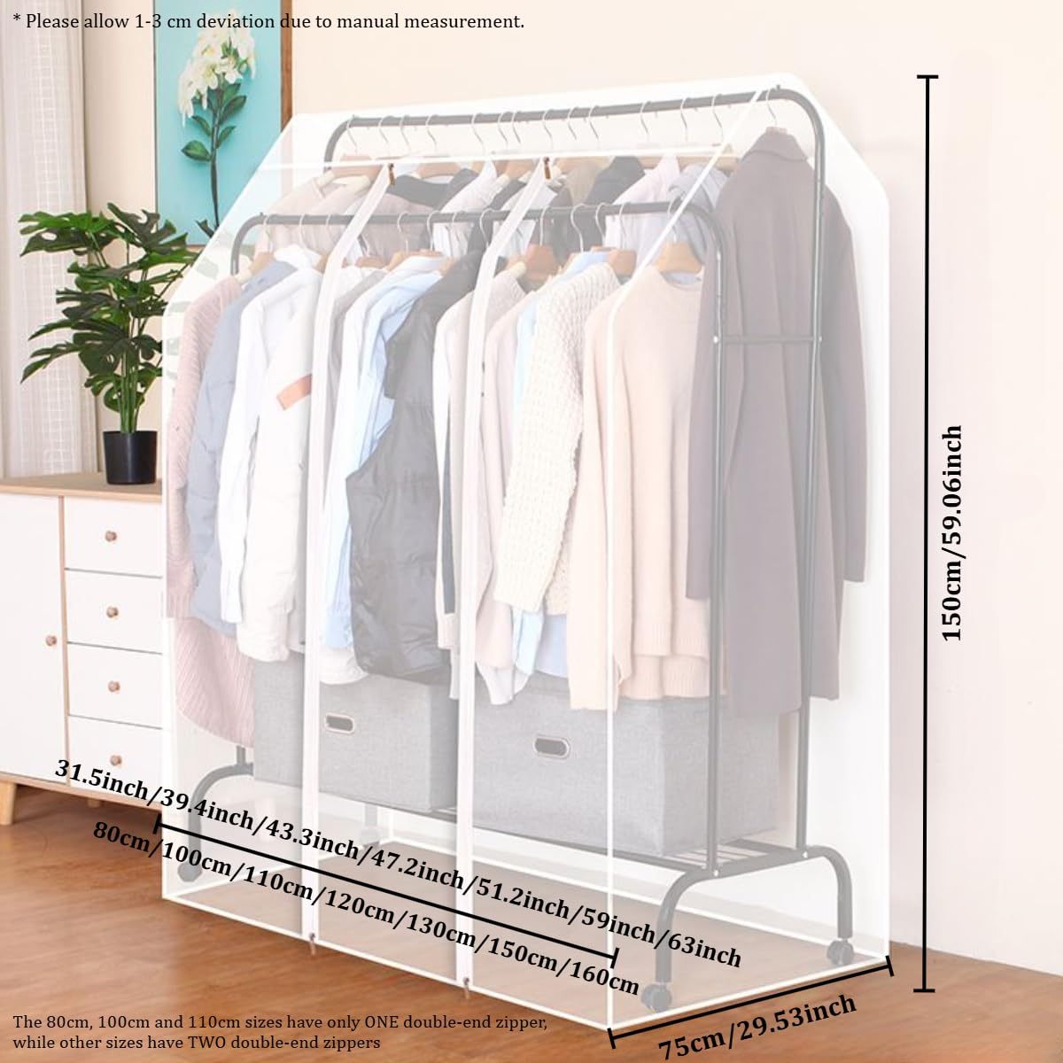 Housse de porte-vêtements – Protection translucide double tringle à suspendre avec fermeture éclair, housse anti-poussière réutilisable pour la maison, le magasin, le bureau