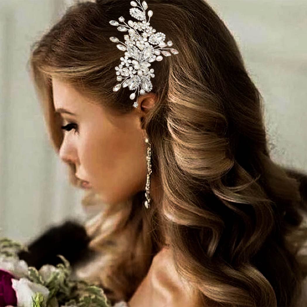 Accessori per Capelli da Sposa, Pettine per capelli da sposa con Perle di Cristallo, Accessori Eleganti per Ragazze e Donne Matrimonio, Festa, Ballo (Argento)