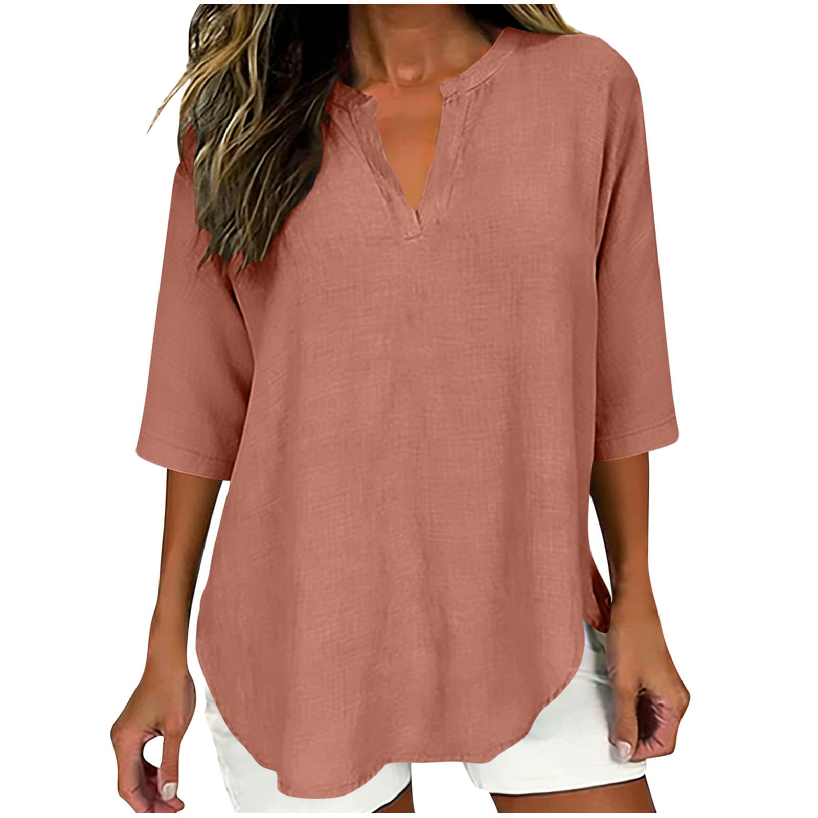 Camicia Donna in Lino Eleganti Estive Camicette Cotone Manica Corta Tinta Unita Bluse e Camicie Curvy Scollo a V Maglietta Loose T Shirt Oversize Leggera Abbigliamento Magliette alla Moda