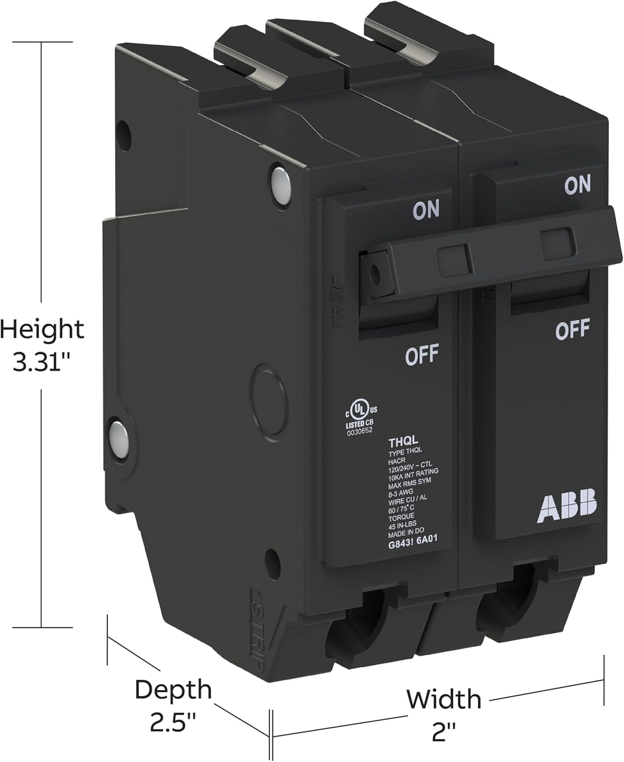 ABB Q-Line® THQL2170P Circuit Breaker • 70 Amp Double-Pole Breaker • 120/240 VAC • 10 kAIC Interrupt Rating • Thermal Magnetic Plug-On Breaker for Load Centers