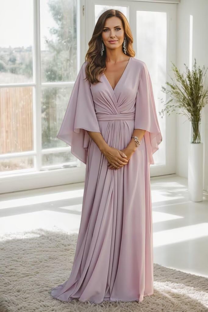 Long Flutter Sleeve Mother of The Bride Dress Pleated V Neck Chiffon Mother of The Groom Dresses LR06