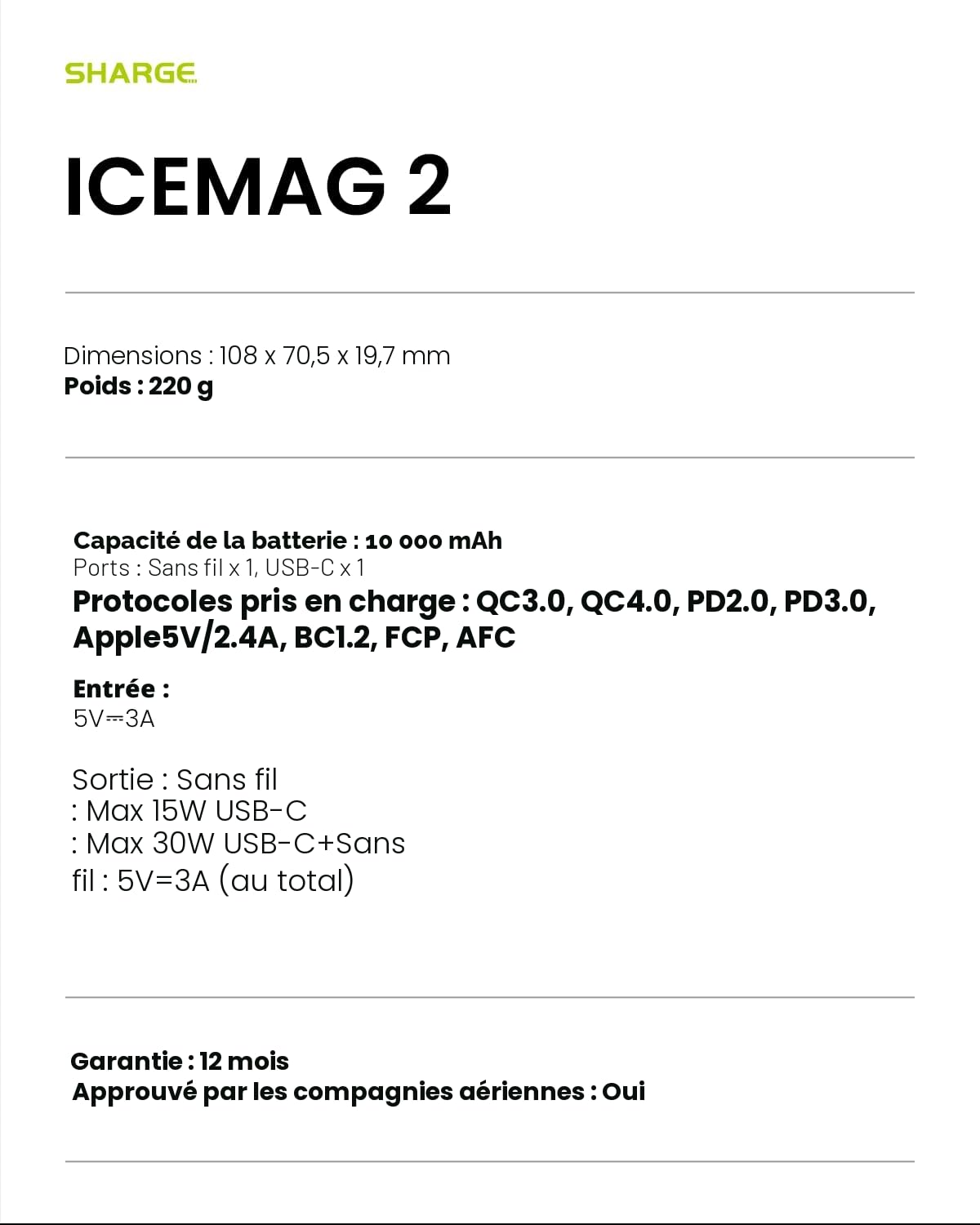 SHARGE ICEMAG2 Qi2 15W Batterie Externe Magnétique pour MagSafe 10000mAh