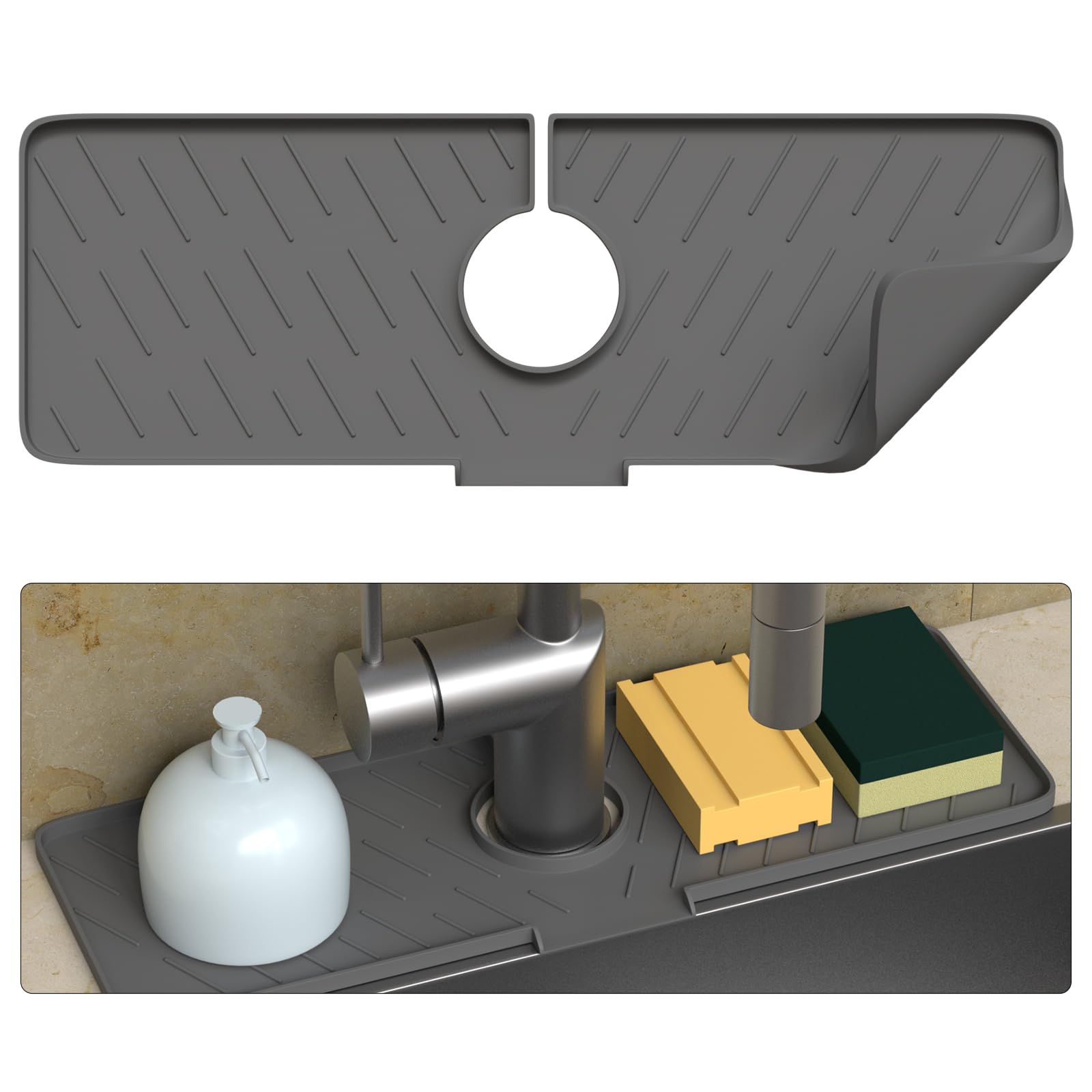 TOOVEM Silicone Sink Mat, 17.7 x 5.9 Inch Faucet Splash Guard, Grey, Solid, Rectangular, Keeps Sink Countertops Dry