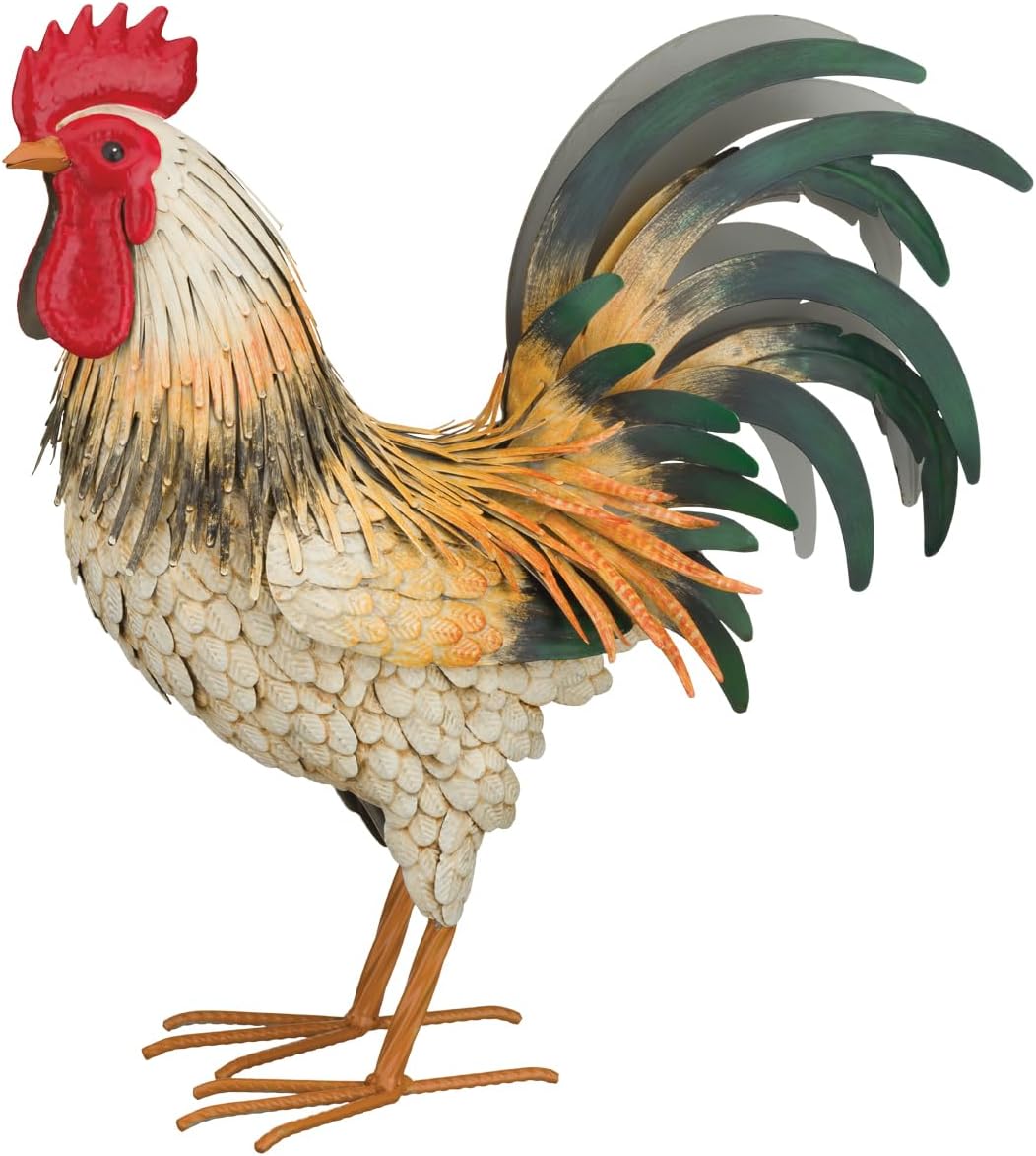 Regal Art & Gift Handcrafted Metal Rooster Statue, Weather-Resistant Farmhouse Yard Art, Indoor/Outdoor Garden Sculpture, Detailed Feather Design, Decorative Bird for Home & Garden, Verde, 14" Height