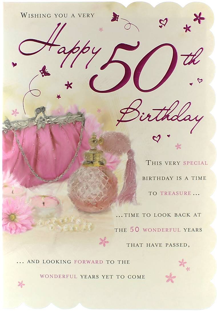Goldmark Age 50 Female Birthday Card - Pink Handbag, Perfume & Candle 9" x 6.25"