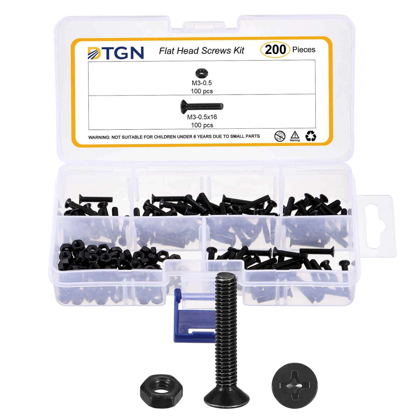 DTGN M3-0.5x16 Flat Head Nuts and Bolts Assortment Kit - 200pcs - Good for Electronics and Machinery - Carbon Steel Phillips Countersunk Machine Screws Set - Black