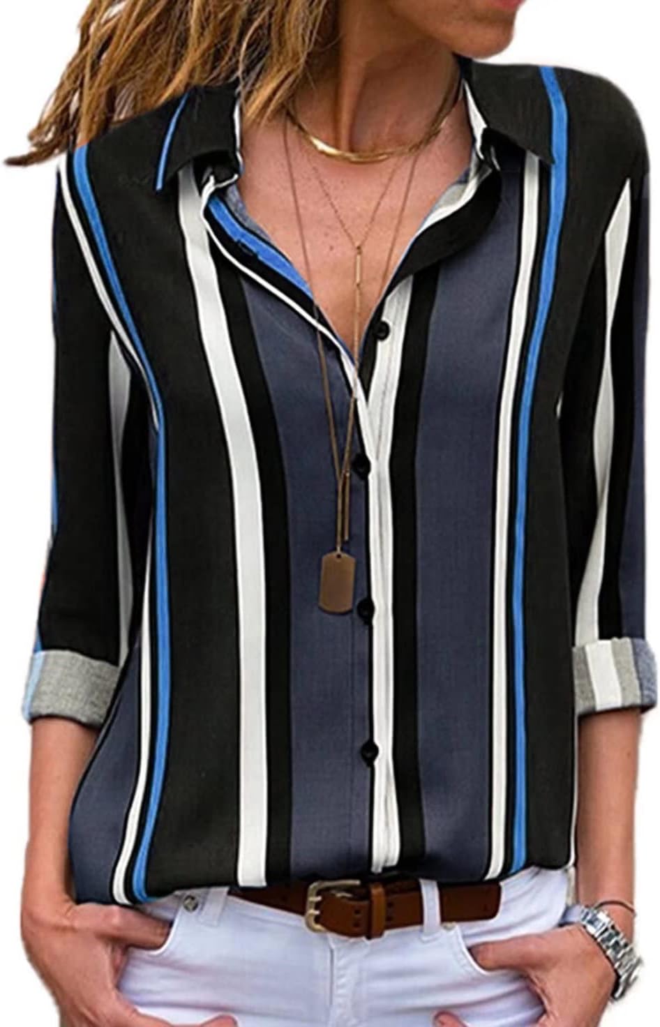 Womens Striped Tops Long Roll Sleeve Button Down Blouses V Neck Casual Chiffon Shirt