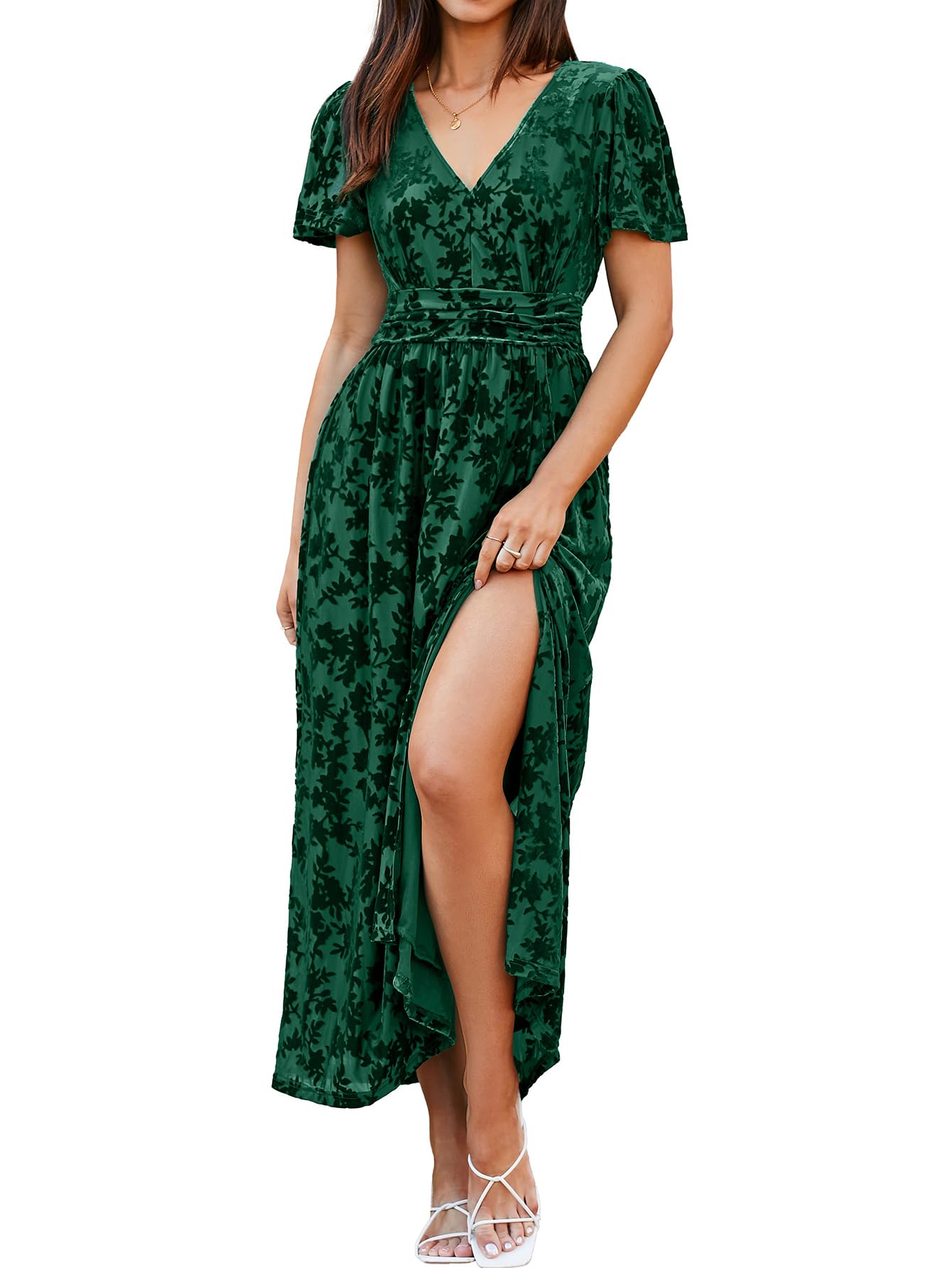 Simplee Womens Velvet Maxi Dress V Neck Short Sleeve Empire Waist Semi Formal Long Cocktail Dresses