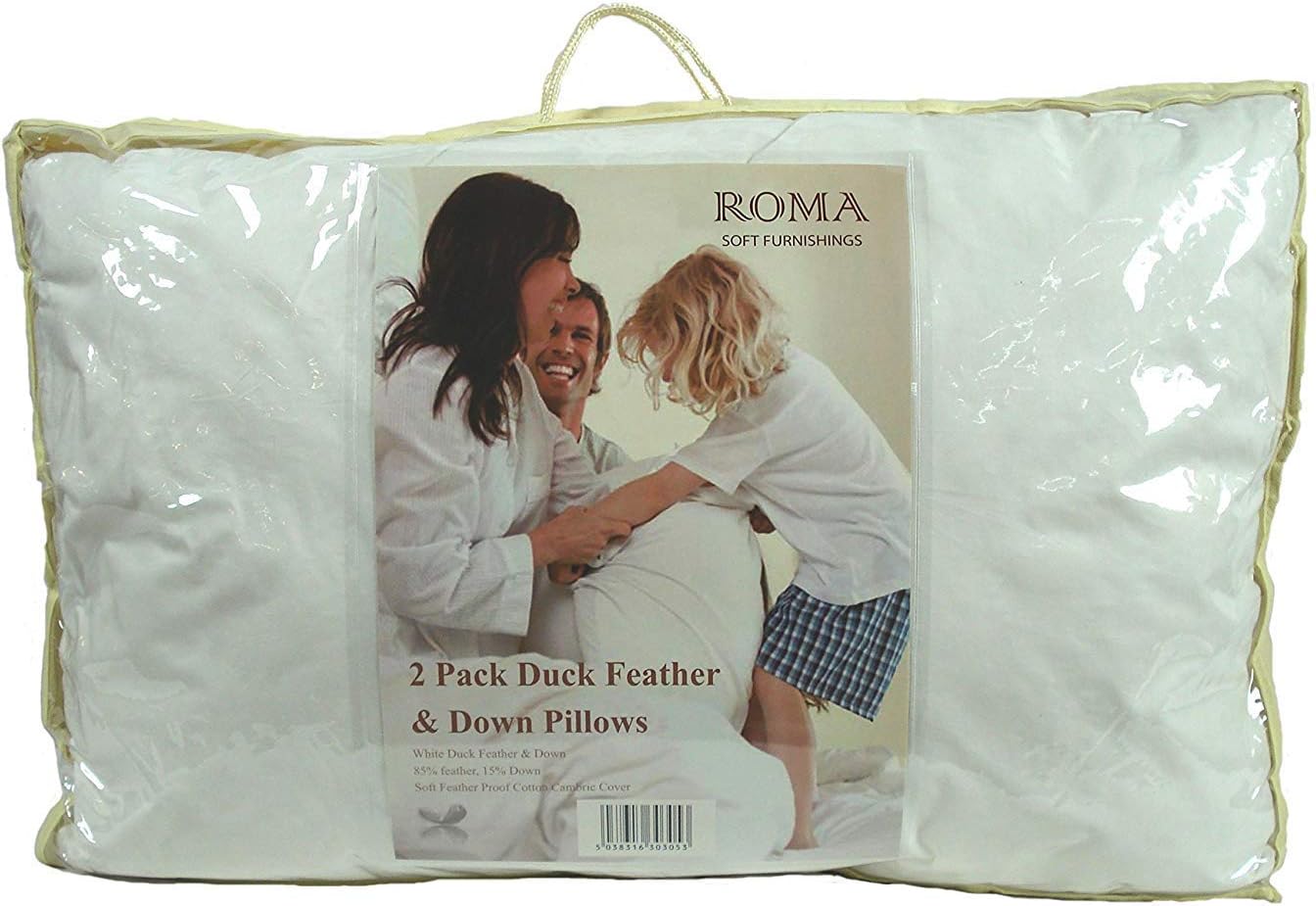 ROMA Soft Furnishings White Duck Feather & Down Pillow (85% Duck Feathers & 15% Down) | Soft Pillow for Sleeping | 2 Pillows with Cotton Shell (74cm x 48cm)