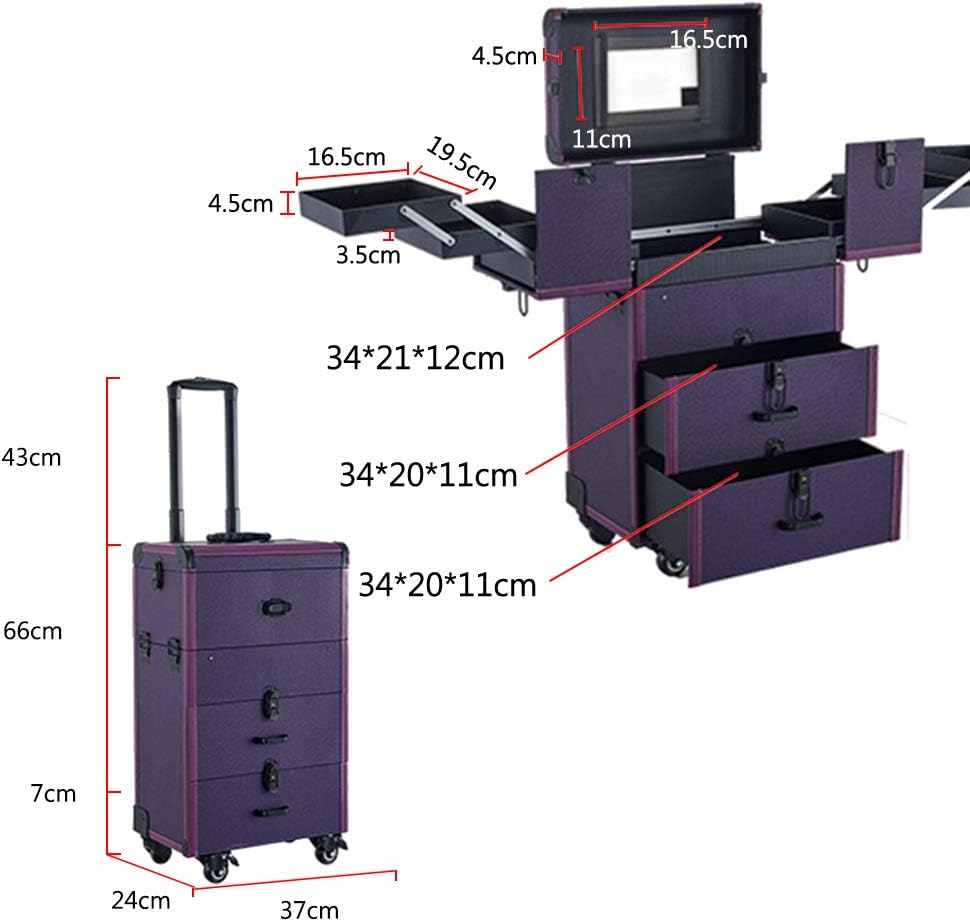 PVC Trolley Cosmetic Case Professional Large-Capacity Waterproof and Wear-Resistant with Universal Wheel Makeup Nail,Black (Pink)