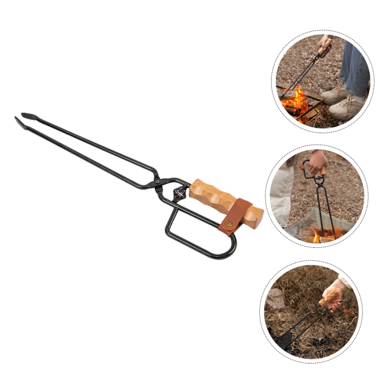 ifundom Camping Accessories Grilling Tongs Leather Buckle Pu Leather Iron Bbq Tongs for Grill Grill Tools Beech