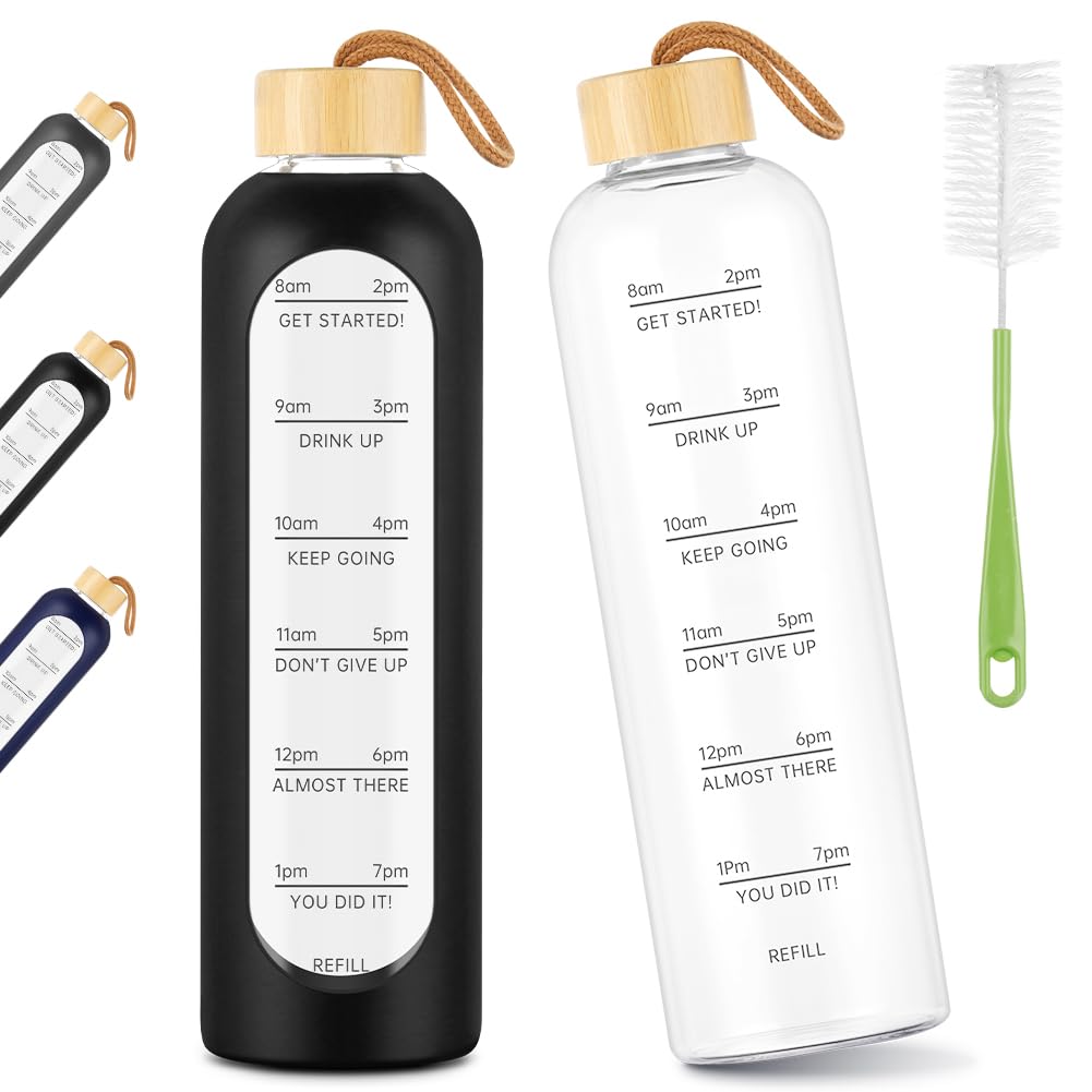 AOOWU Glass Water Bottle with Time Marker, 1000ml Leak-proof Sports Glass Water Bottle with Bamboo Lid, Sports Drinking Bottle, Reusable Silicone Case Glass Drinking Bottle, Motivational Water Bottle
