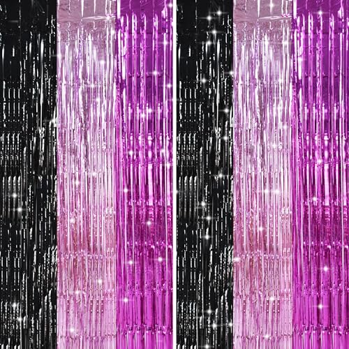 TONIFUL Black Pink Hot Pink Door Streamers,Black and Pink Photo Booth Backdrop Metallic Streamers Foil Fringe Curtain for Birthday,New Year,Graduation,Disco,Baby Shower Party Streamers Decoration