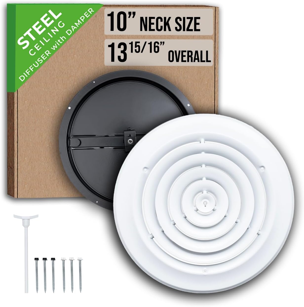 Fits 10 Inch Neck Air Duct | Steel Round Air Supply Diffuser for Ceiling by Handua | 10" Neck Steel Butterfly Damper&Handle Included | Round Diffuser Vent Cover | White | Outer Dimension: 13-15/16"
