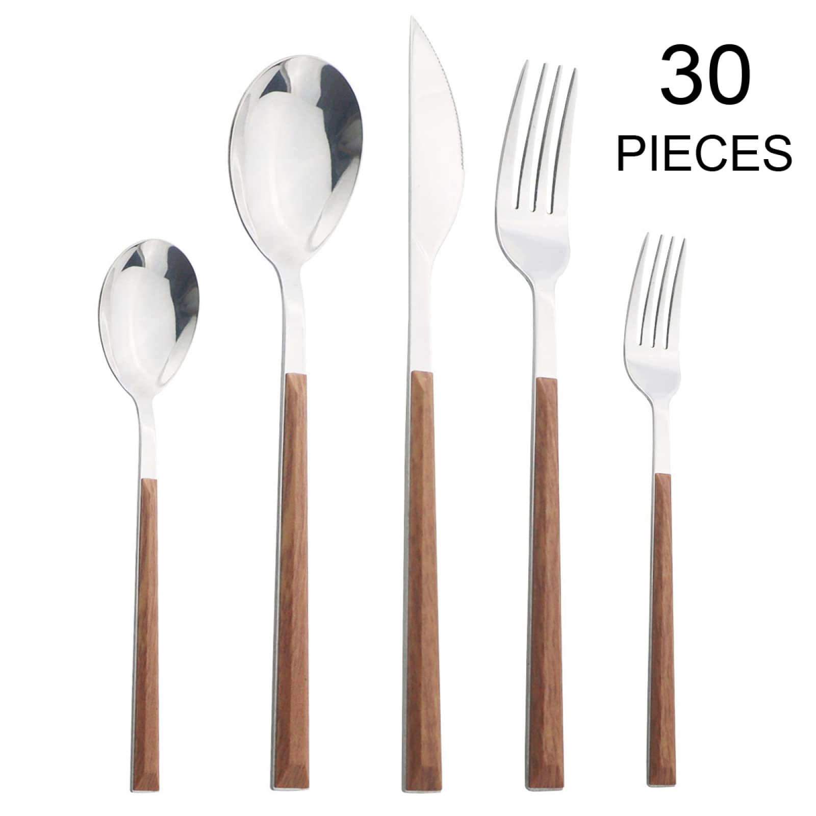Juegos De Cubertería Juego De Vajilla De Acero Inoxidable Con Mango De Madera De Imitación Cuchillo De Cocina Tenedor Cuchara Juego De Vajilla 30Uds. De Madera