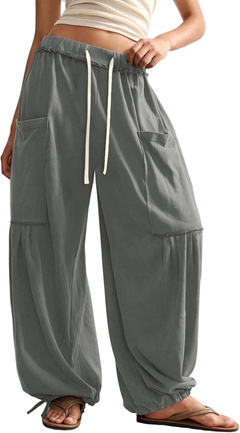 ZAFUL Boho Casual Pants for Women Baggy Pant Ruched Flowy Bottom Elastic Drawstring Waist Trouser with Pockets