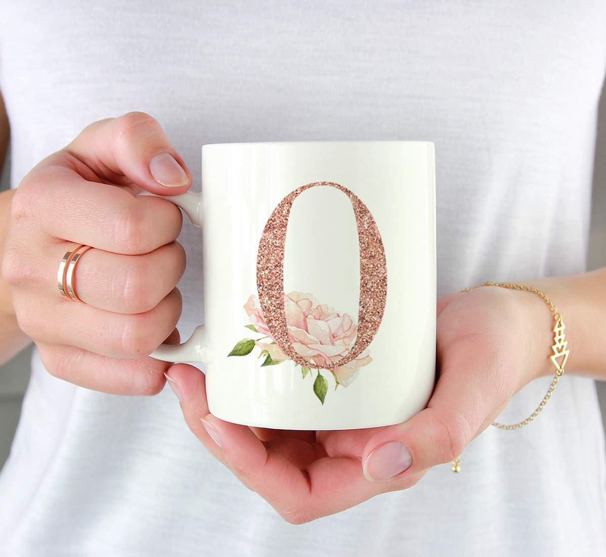 Andaz Press 11oz. Coffee Mug Gift, Pink Watercolor Roses with Faux Rose Gold Glitter Monogram Letter O, 1-Pack, Includes Gift Box, Christmas Birthday Mother's Day Graduation Coworker Present Ideas