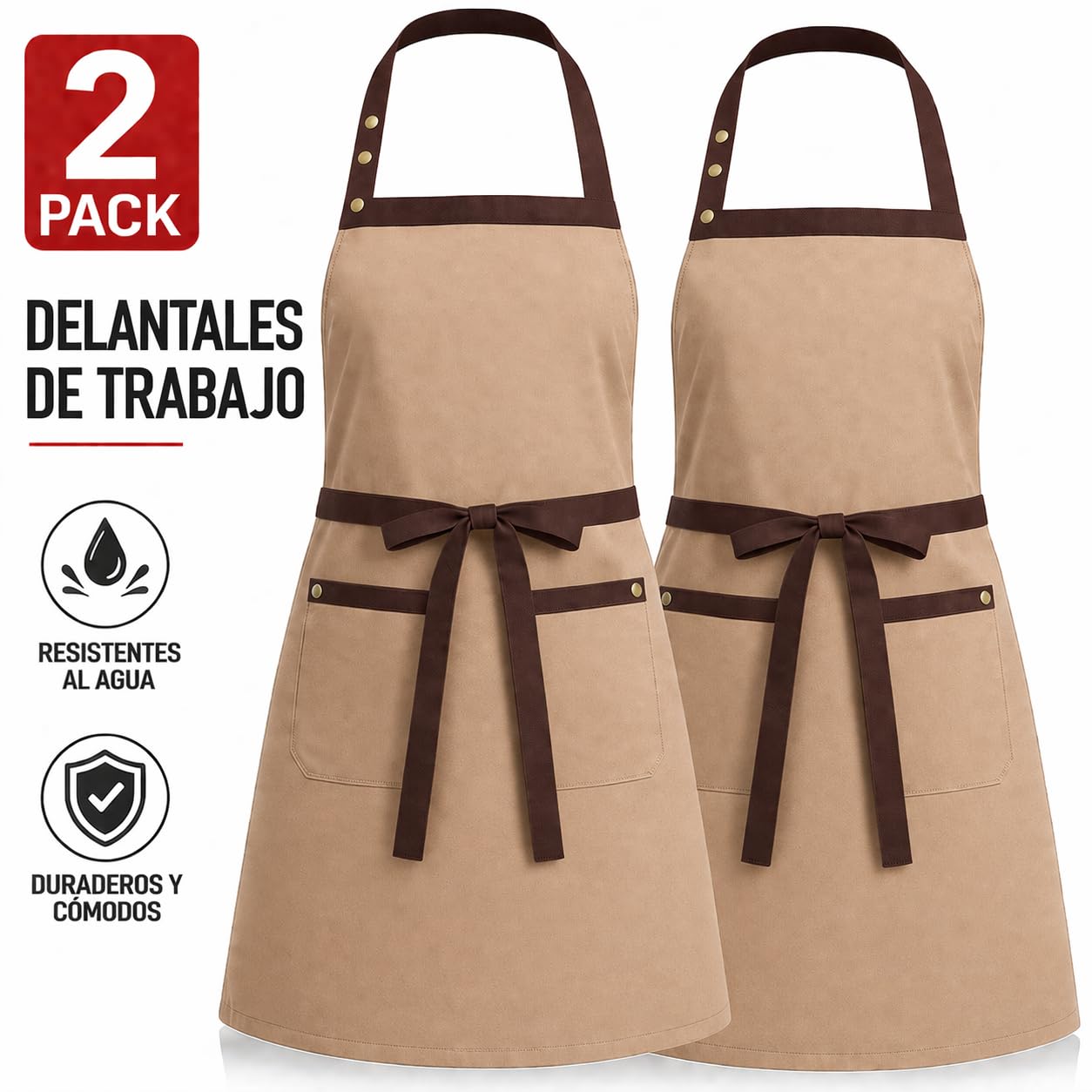 XChef Delantal cocina hombre mujer –Pack 2 unidades. Mandil Camarero. 2 bolsillos, Antihumedad. Ajustable al cuello con 3 corchetes, sin necesidad de plancha