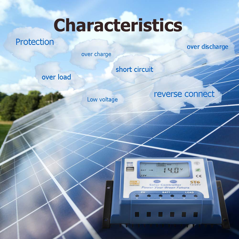 SolaMr 40A Controlador de Carga Solar 12V/24V Regulador Inteligente con Pantalla LCD y Doble Puerto USB para Batería de Panel Solar - ST6-40A