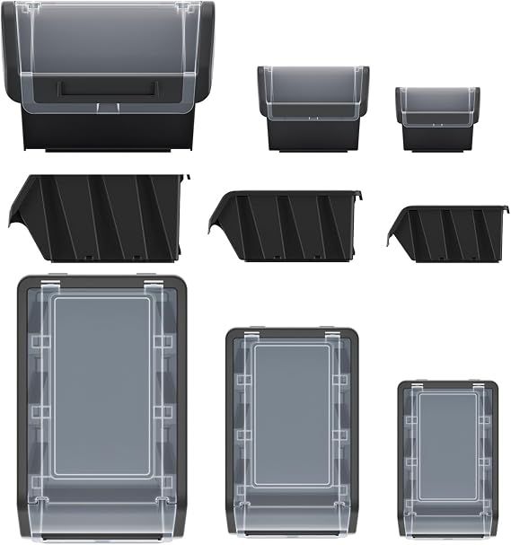 B2C Storage Bins Plastic Order Picking Parts Boxes Lid Scooped Front Stackable Wall Garage Workshop Tool Container (With lid, M - 195x120x90mm)