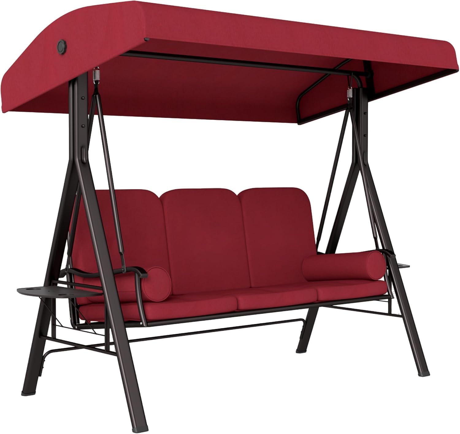 3-Person Heavy Duty Porch Swing with Tilt Canopy & Side Tables - Outdoor Steel Frame Swing Chair, Cushioned Seat for Patio, Backyard, Deck (Wine red)