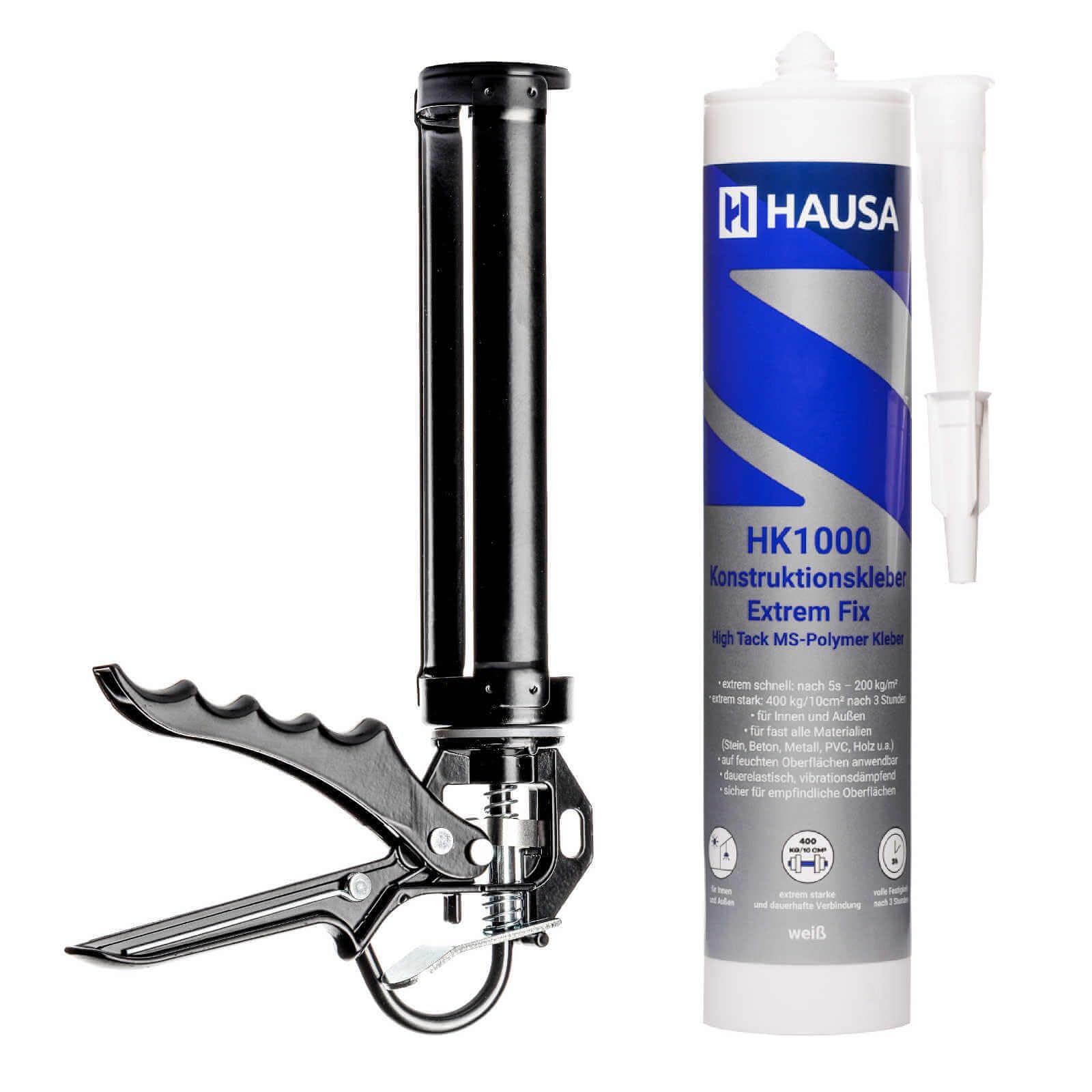 HAUSA Colle de Construction Polymère MS Haute Tack HK1000 avec Presse à Cartouche Colle de Montage 400kg/10cm² après 3h pour Construction Intérieure et Extérieure Colle Tout Usage 1x 290ml Blanc
