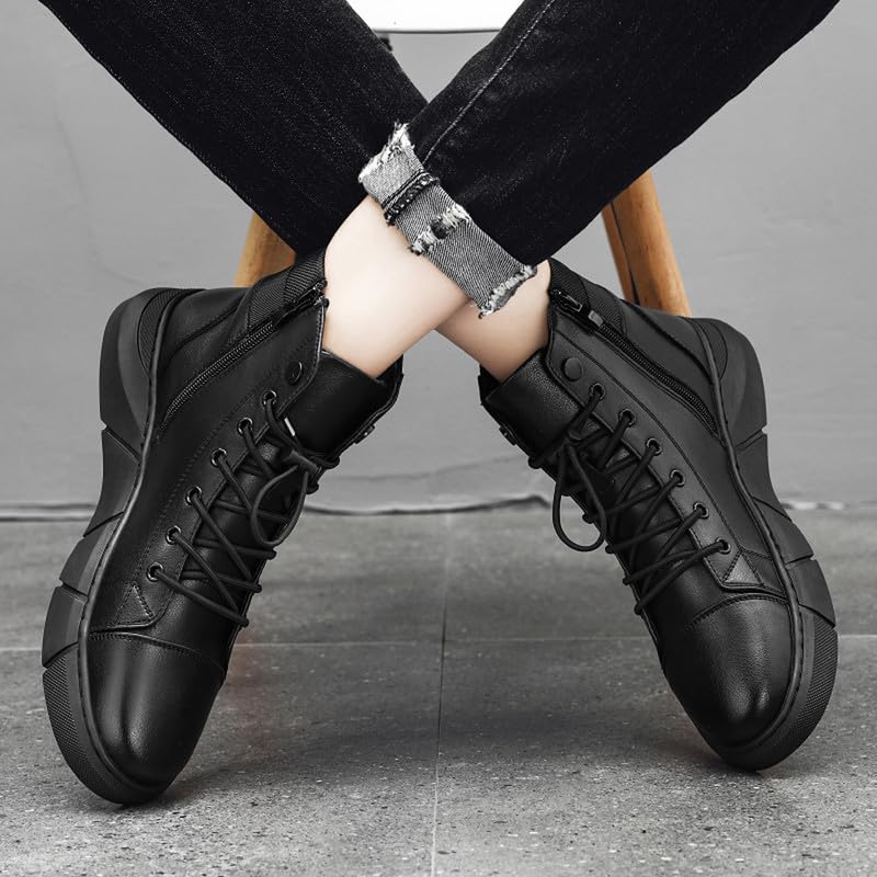 Image of Men's Italian High Top Leather Boots Non-Slip Soft Motorcycle Shoes Black Side Zipper Chukka Classic Business Boots