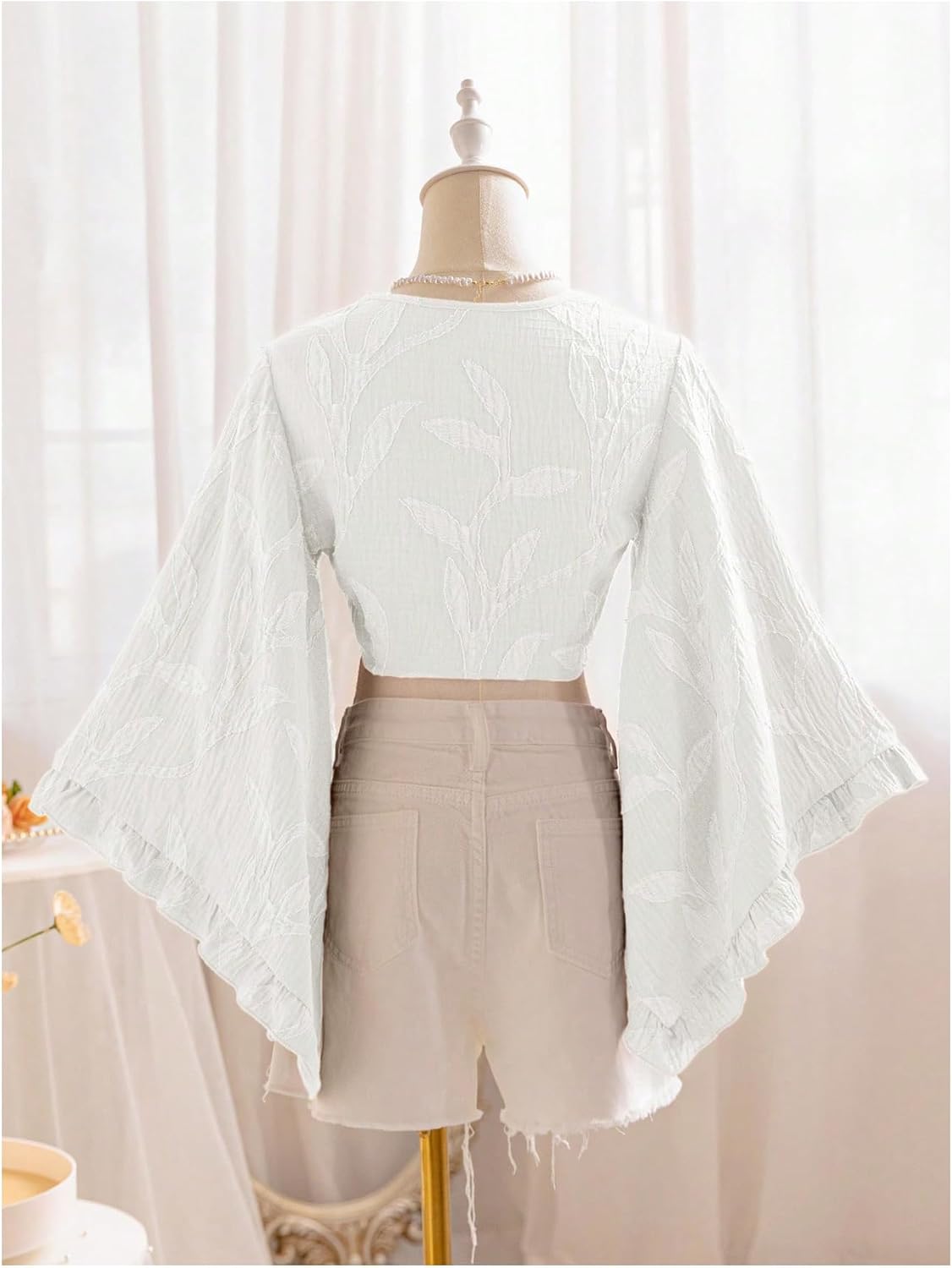 Women's Boho Tops Wrap Western Country Concert Outfits Tie Front Long Bell Sleeve Tops 70s Hippie Disco Clothes - Image 3