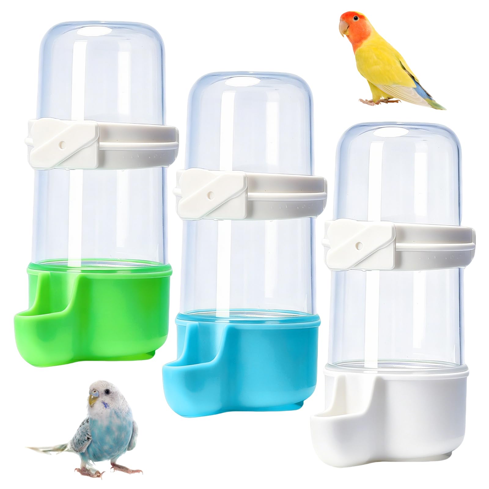 3Pcs Bird Water Feeder, Automatic Hanging Plastic Birds Drinker Container Hanging Water Bottle Dispenser Automatic Cage Accessories for Feeding Budgie Parrot Hamster 240ml